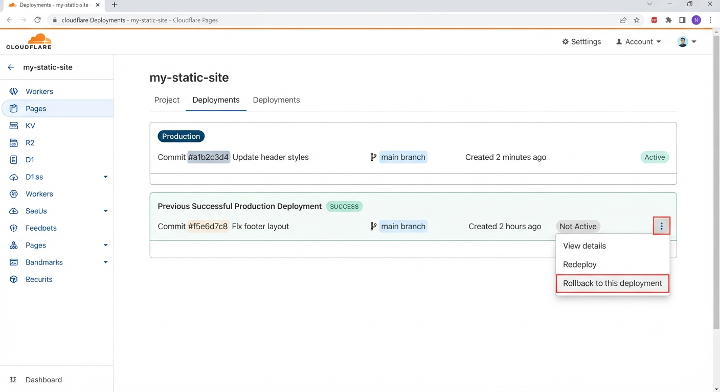 Cloudflare Pages Deployments screen showing the rollback option