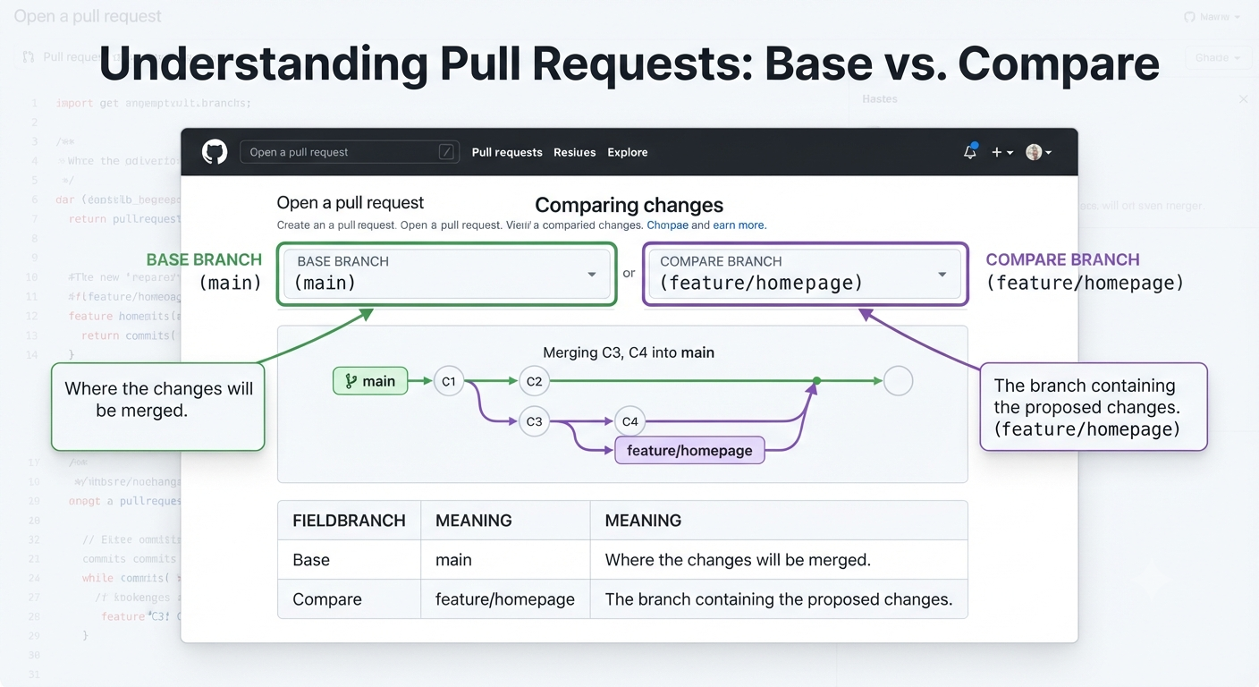 GitHub Pull Request base and compare branch selection